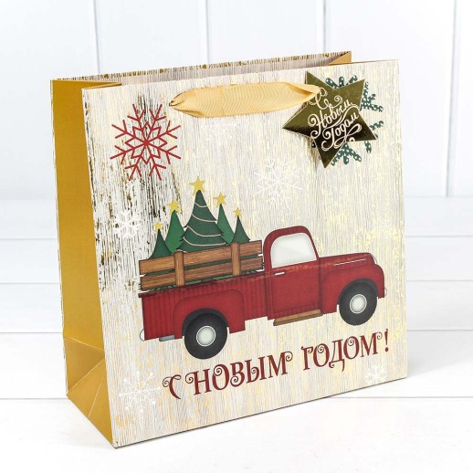 Пакет подарочный "Машинка с ёлками" 24*24*10 1/10 1/180 Арт: 300361P